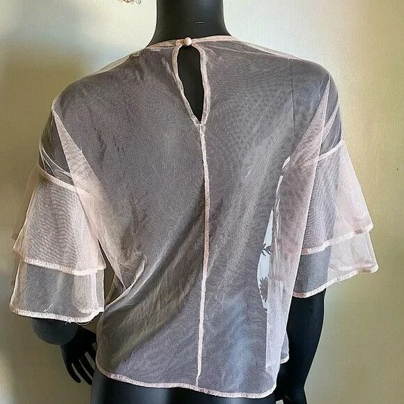 Haute Monde Sheer Embroidered Floral Top Short Sleeve Size Large - Picture 2 of 11